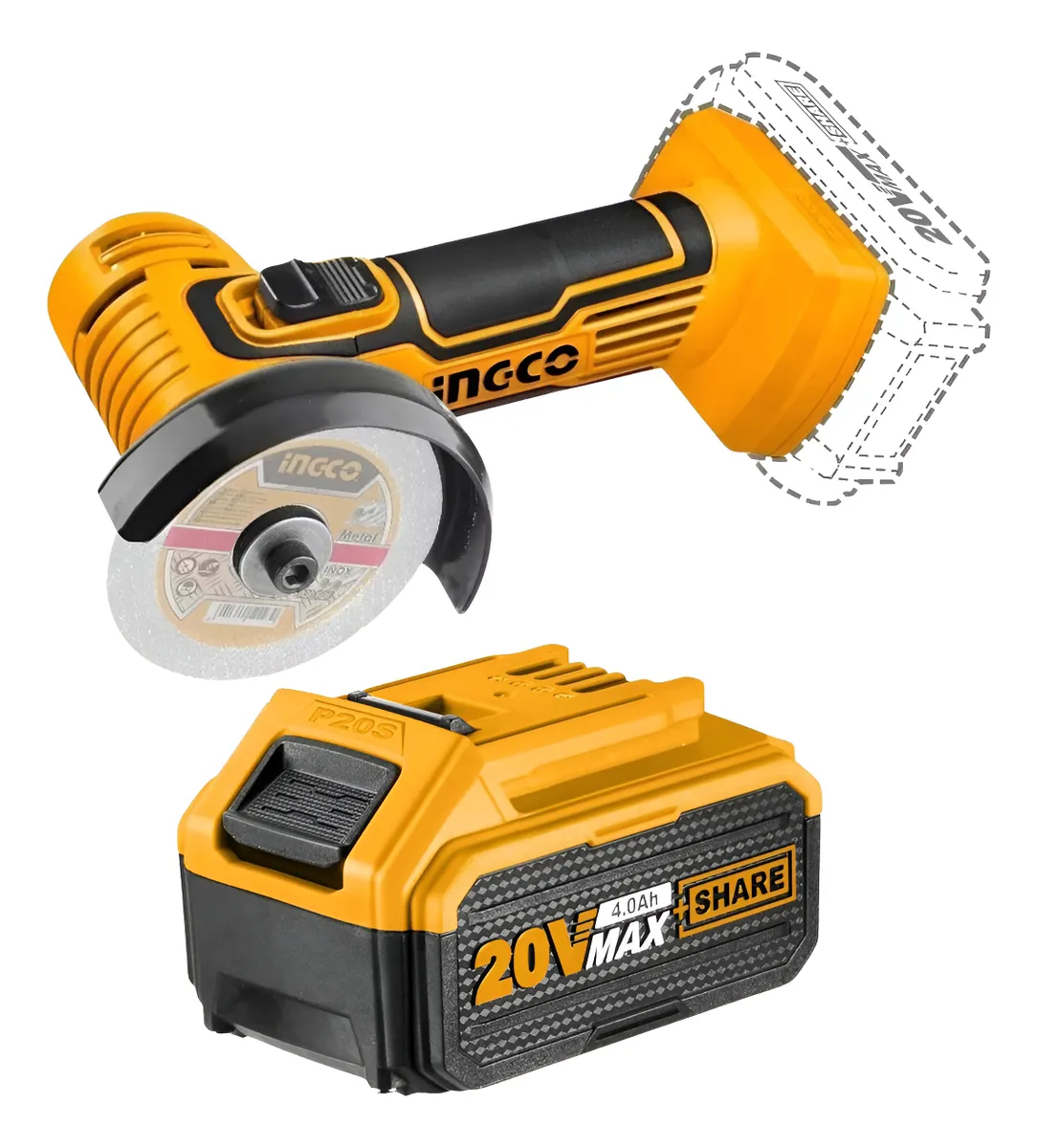 MINI ESMERILHADEIRA INGCO 3Pol A BATERIA 20V LINHA P20S COM UMA BATERIA 2.0AH